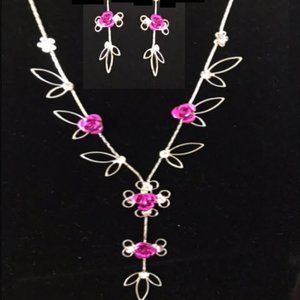 PRECIOUS FUCSHIA COLOR ROSES with OPEN LEAVES and AUSTRIAN CRYSTALS. NEW